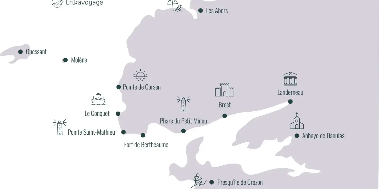 Carte stylisée de Brest et ses environs, montrant des lieux comme Ouessant, Molène, Le Conquet, Brest, et la Presqu'île de Crozon.