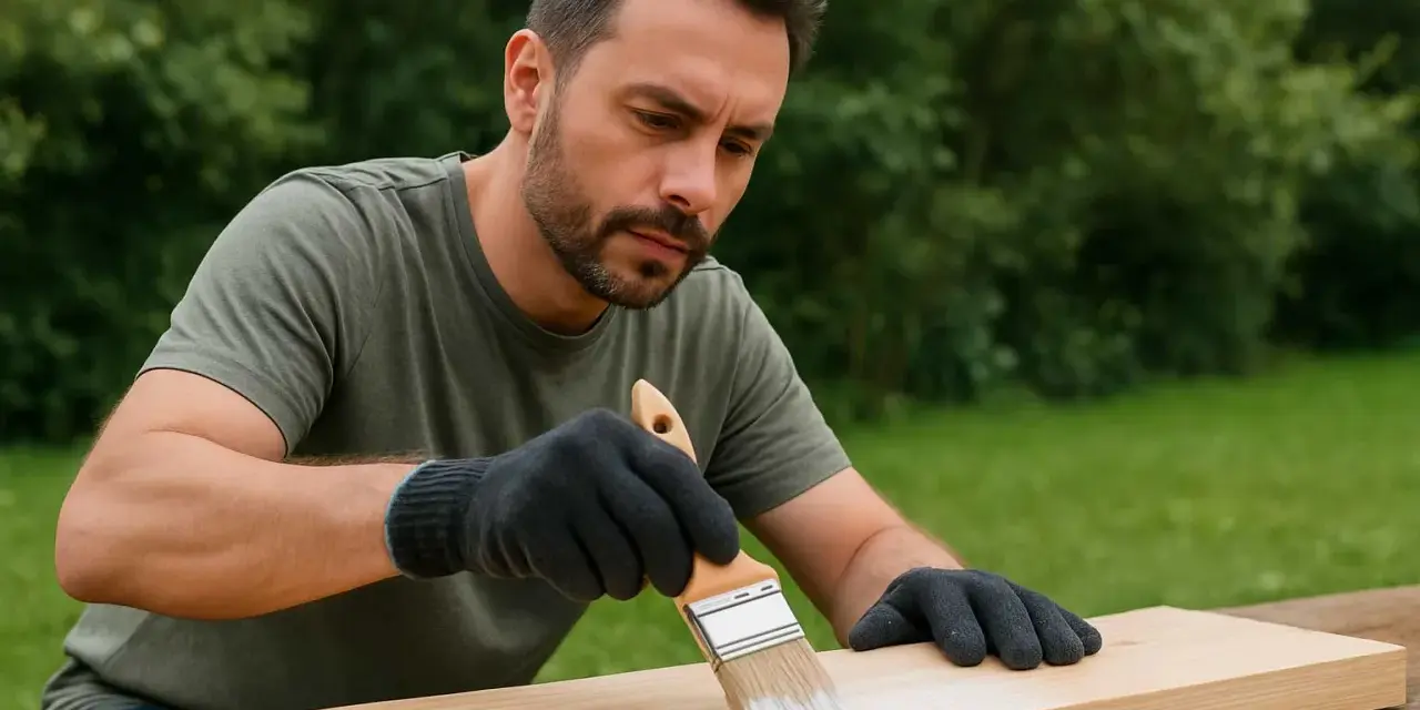 Uomo con guanti applica una mano di vernice bianca su un asse di legno grezzo, un passo essenziale nel trattamento legno grezzo per proteggerlo e abbellirlo.