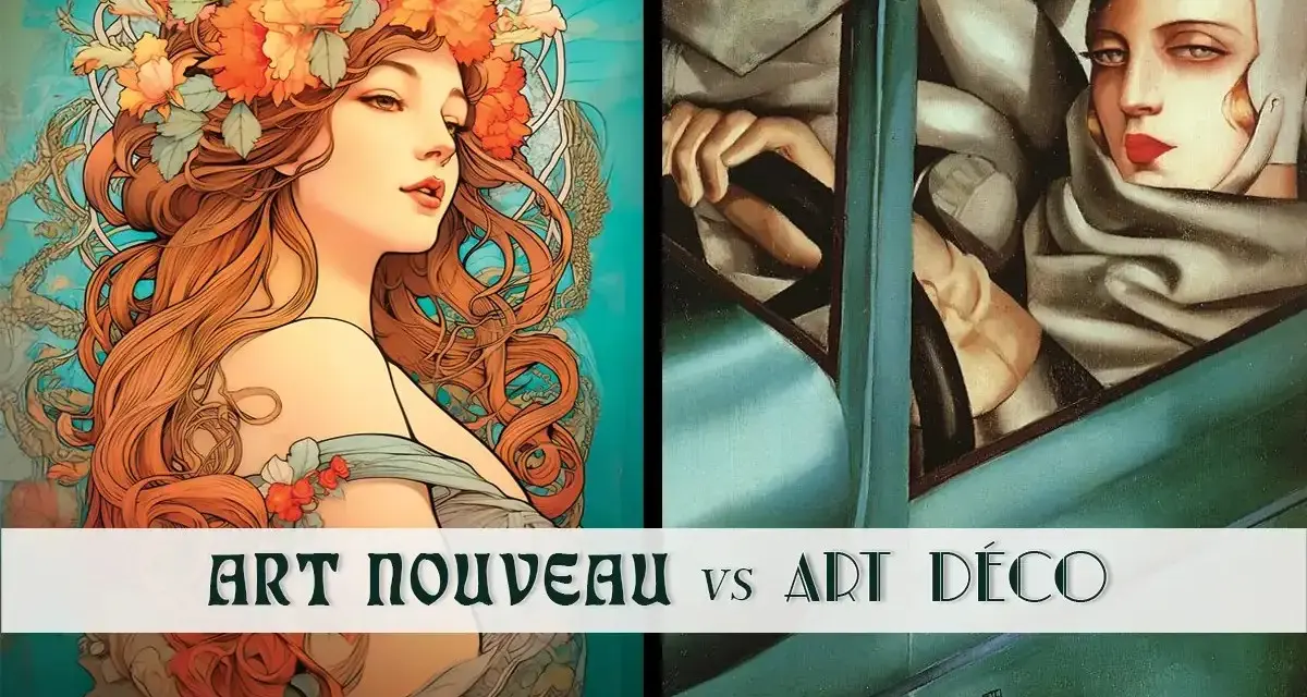 Comparaison entre l'art nouveau et l'art déco : une femme à la couronne de fleurs et une autre au volant d'une voiture.