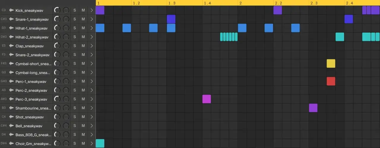 Ein bunter **drill drum pattern** mit vielen Noten. Kick, Snare und Hi-Hat sind zu hören.