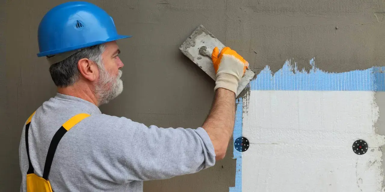 Budowlaniec w niebieskim kasku nakłada tynk na styropian. Prace nad fasadą, w tym suche tynki, postępują.