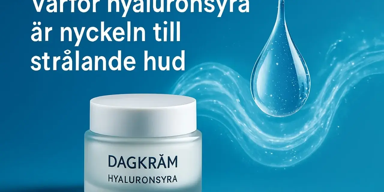 En burk dagkräm med texten "Hyaluronssyra" bredvid en stor vattendroppe. Texten ovanför lyder: "Varför hyaluronsyra är nyckeln till strålande hud".