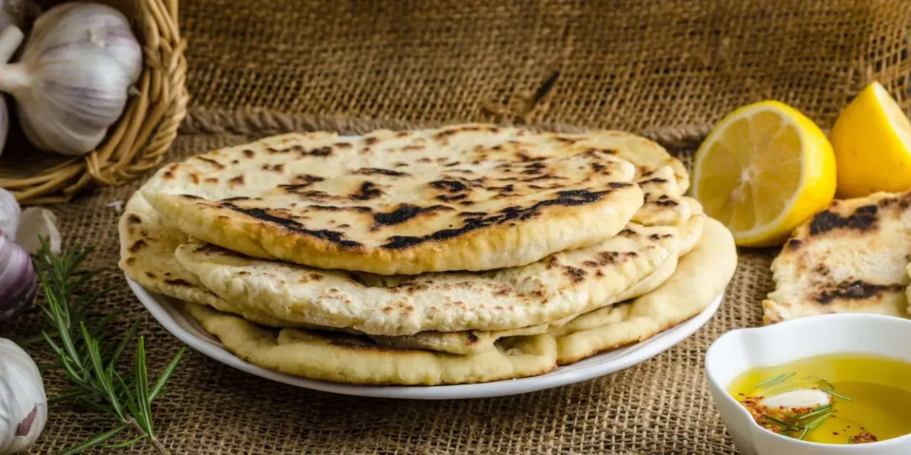 Fladenbrot, frisch gebacken ohne Backofen, mit Knoblauch, Rosmarin und Zitrone. Perfekt für ein schnelles, leckeres Gericht.