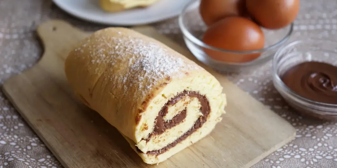 Un delizioso rotolo alla nutella, spolverato di zucchero a velo, pronto per essere gustato. Ingredienti freschi, uova e crema al cioccolato, completano la scena.