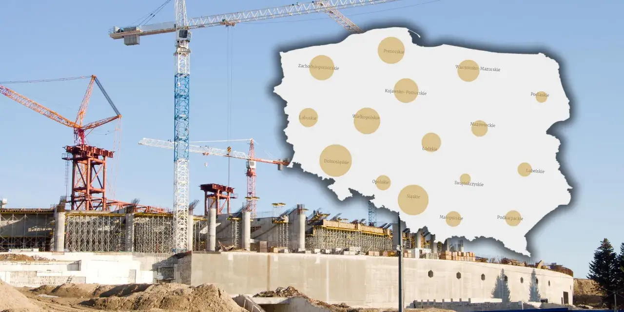Budowa w aglomeracji, mimo wysokich cen działek (1000 zł/m²), to klucz do sukcesu deweloperów. Mapa Polski z zaznaczonymi województwami.