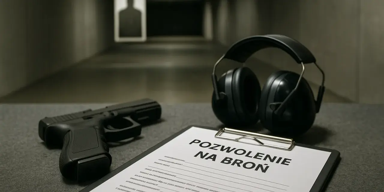 Pistolet, słuchawki i formularz "Pozwolenie na broń" na strzelnicy.