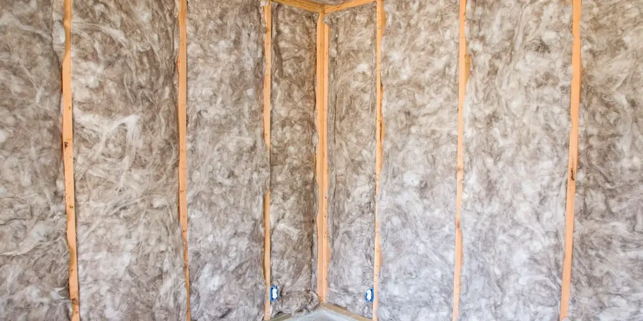 Coin d'une pièce en construction, murs et plafond recouverts d'une isolation ouate de cellulose.