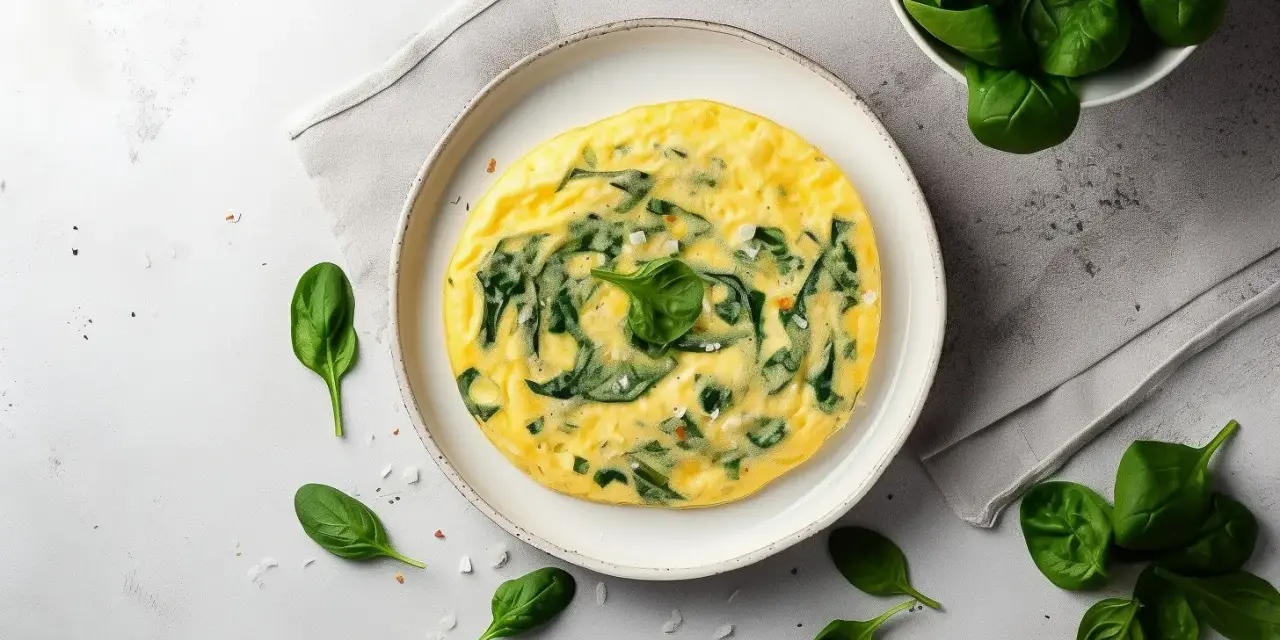 Delikatny omlet na parze ze szpinakiem, podany na talerzu, otoczony świeżymi liśćmi szpinaku i płatkami soli.