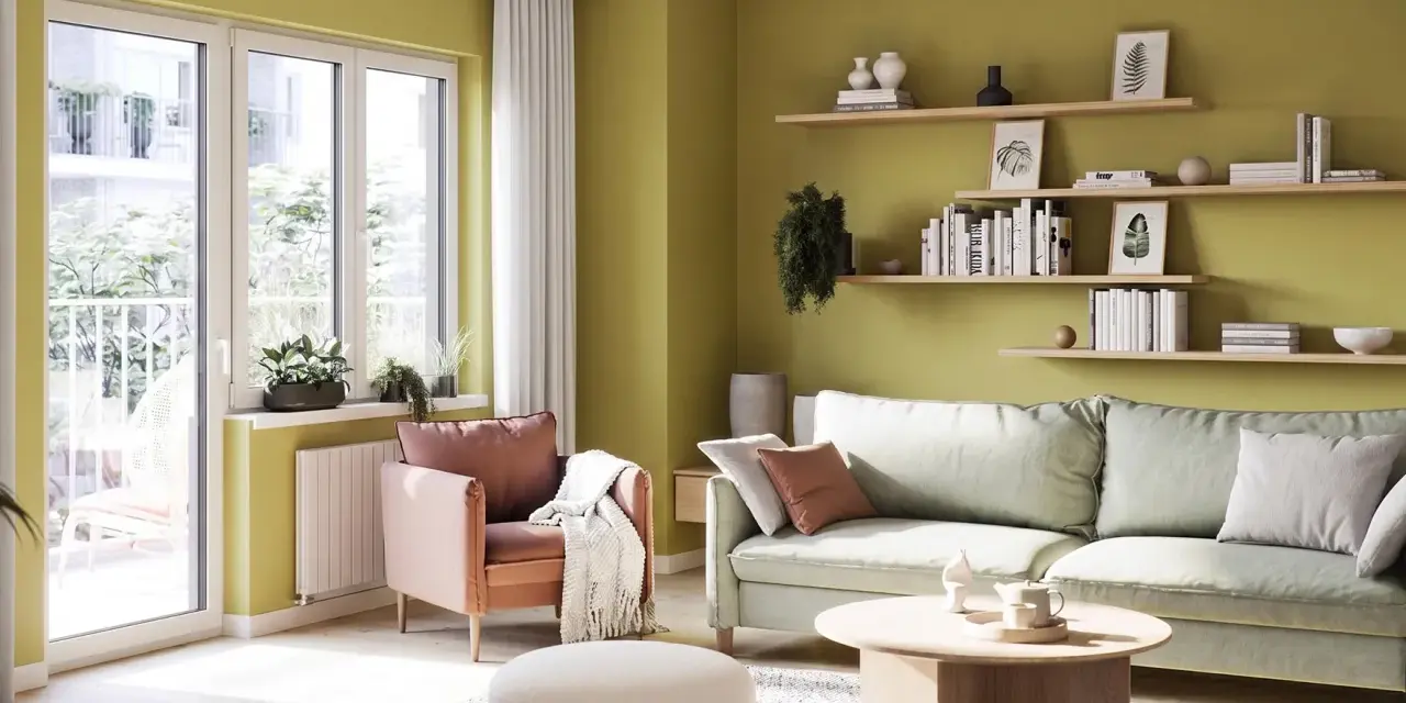 Jasnozielone kolory ścian do salonu tworzą przytulną atmosferę. Wygodna sofa i fotel zapraszają do relaksu.