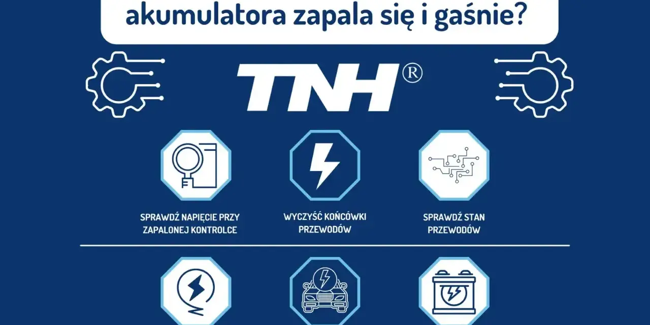 Grafika z poradnikiem: co zrobić, gdy kontrolka akumulatora zapala się i gaśnie. Wskazówki obejmują sprawdzenie napięcia, przewodów, paska alternatora, naprawę alternatora i stan akumulatora.