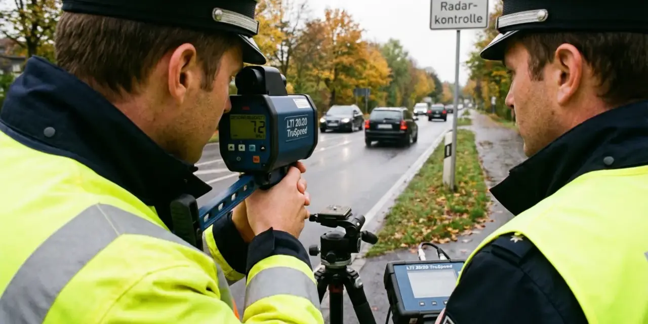 Polizisten mit Warnwesten und Kappen messen mit einem Laser-Blitzer die Geschwindigkeit vorbeifahrender Autos.
