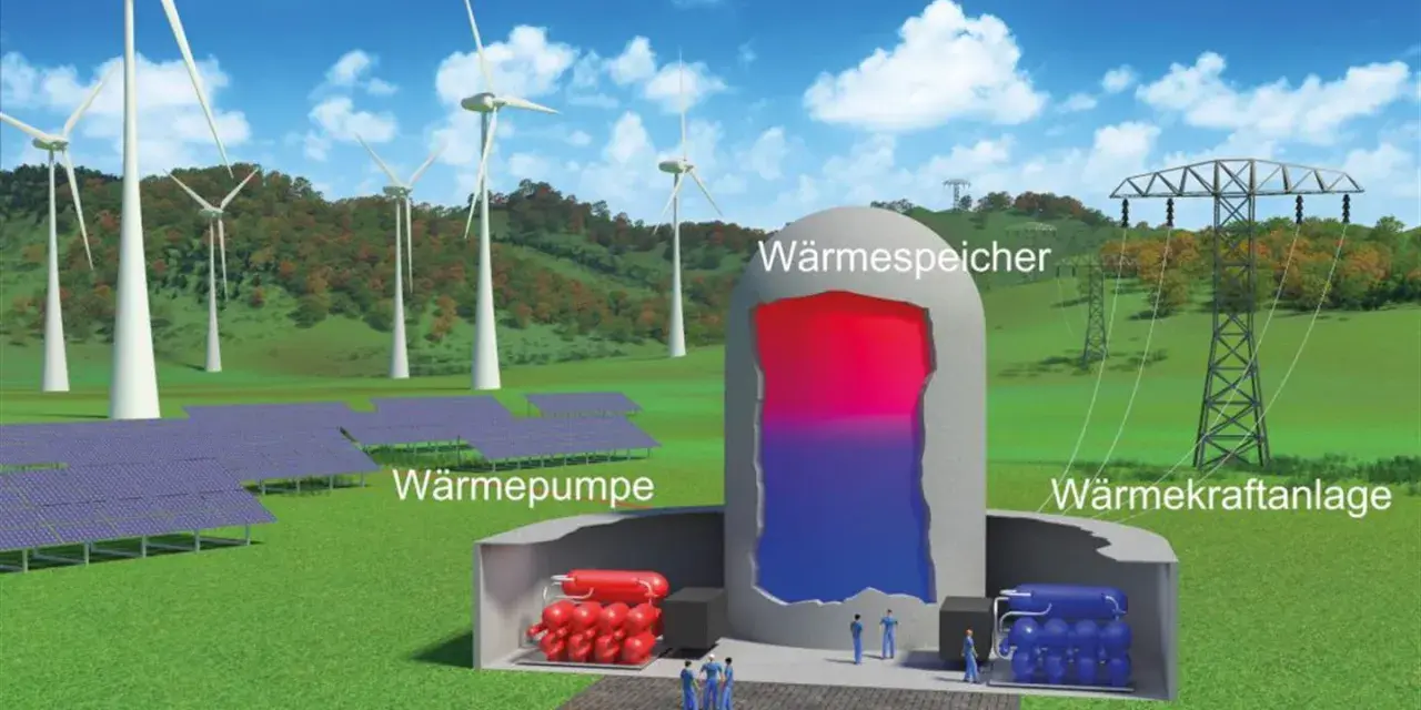 Windräder und Solarpaneele speisen einen Wärmespeicher, der thermische Energie für eine Wärmepumpe und ein Kraftwerk liefert.
