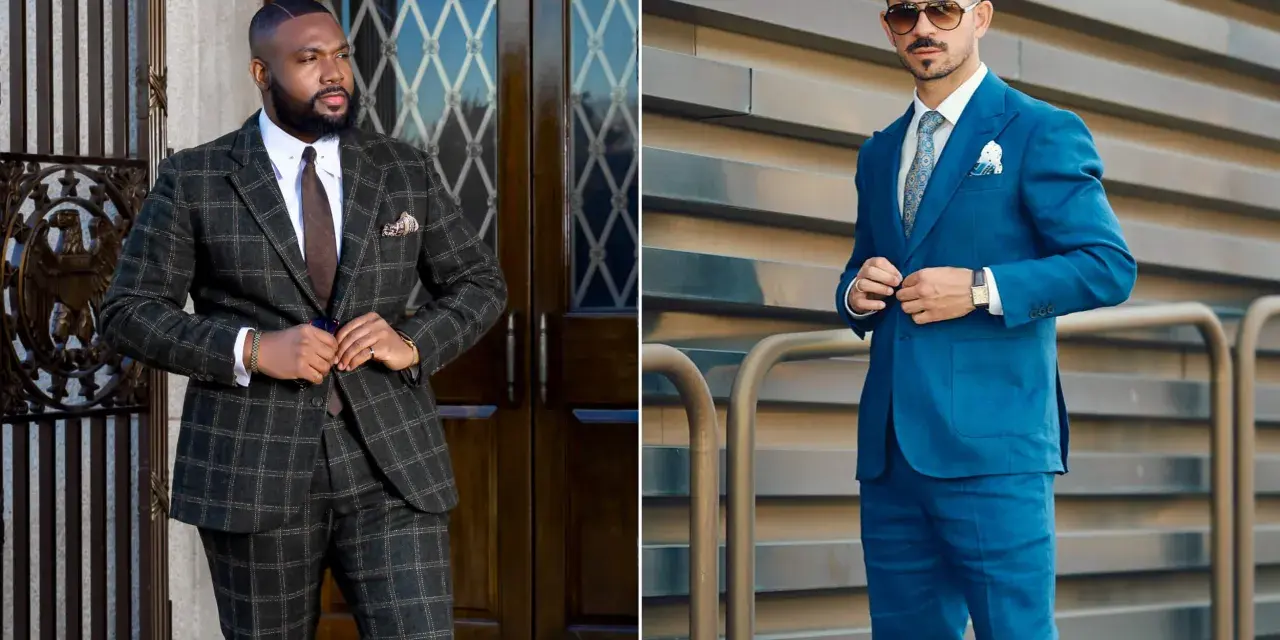 Uomo in abito a quadri scuro e uomo in abito blu brillante. La taglia 46 uomo corrisponde a uno stile impeccabile.
