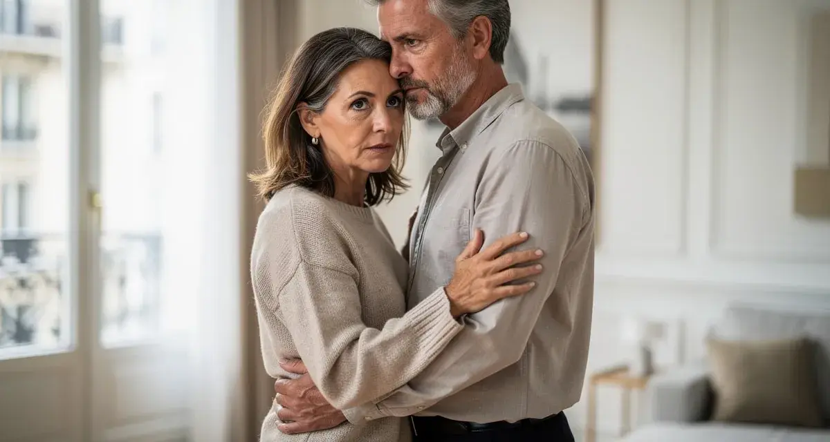 Couple âgé s'étreignant, le regard perdu, une tristesse palpable suggérant un zero libido.