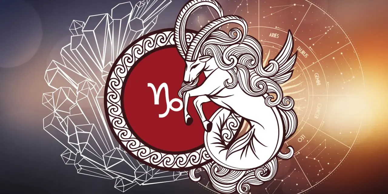 Symbol koziorożca, mityczne stworzenie z rybim ogonem i skrzydłami, na tle kryształów i koła zodiaku.