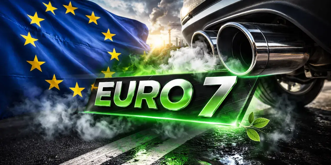 Flaga UE i dym z rury wydechowej samochodu symbolizują nowe normy emisji spalin **euro 7**.