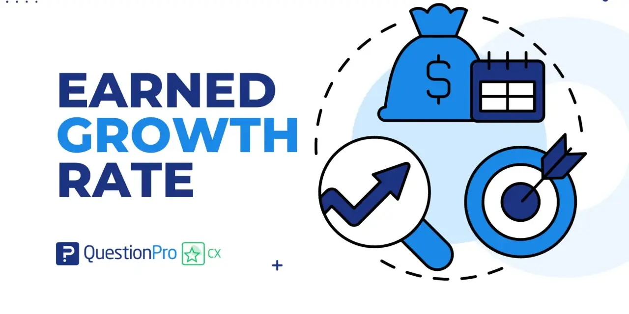 Illustration for "Earned Growth Rate" shows a money bag, calendar, magnifying glass with an upward trend graph, and a target with an arrow.