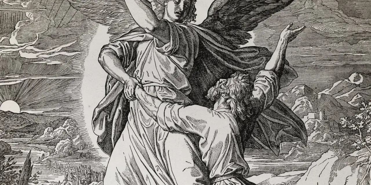 An angel wrestles with Jacob, who clings to him. This scene depicts why Jacob wrestled with God, a pivotal moment of spiritual struggle and transformation.