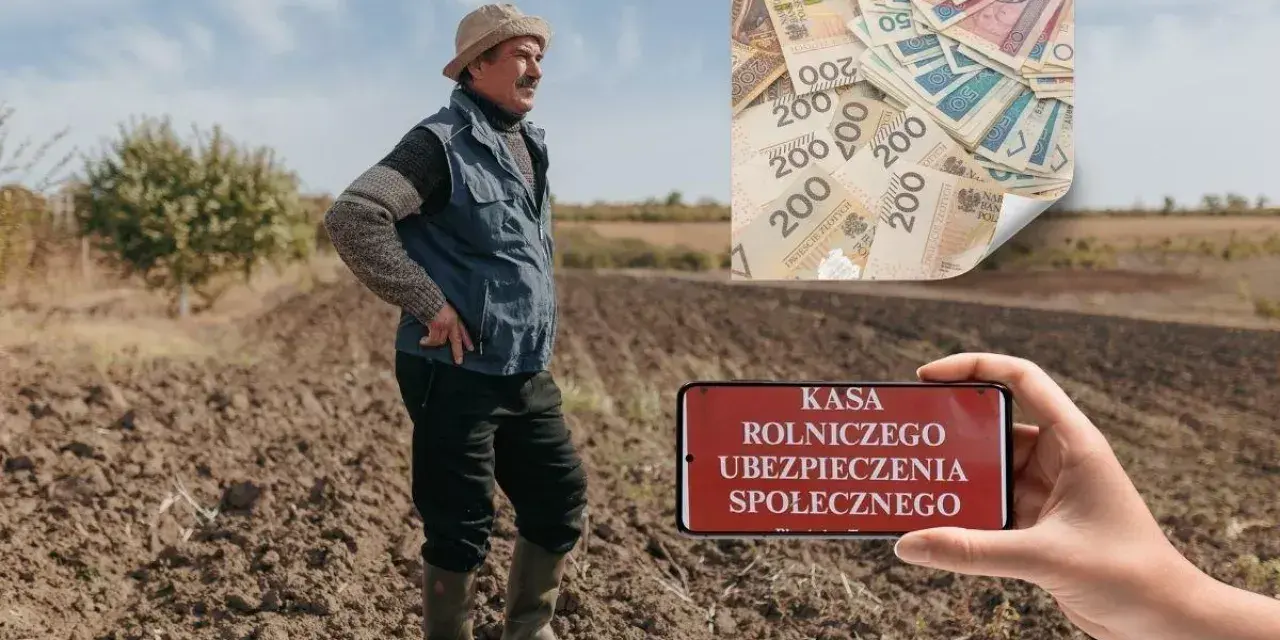 Rolnik na polu, smartfon z napisem "KASA ROLNICZEGO UBEZPIECZENIA SPOŁECZNEGO" i stos banknotów. Emerytura z KRUS.