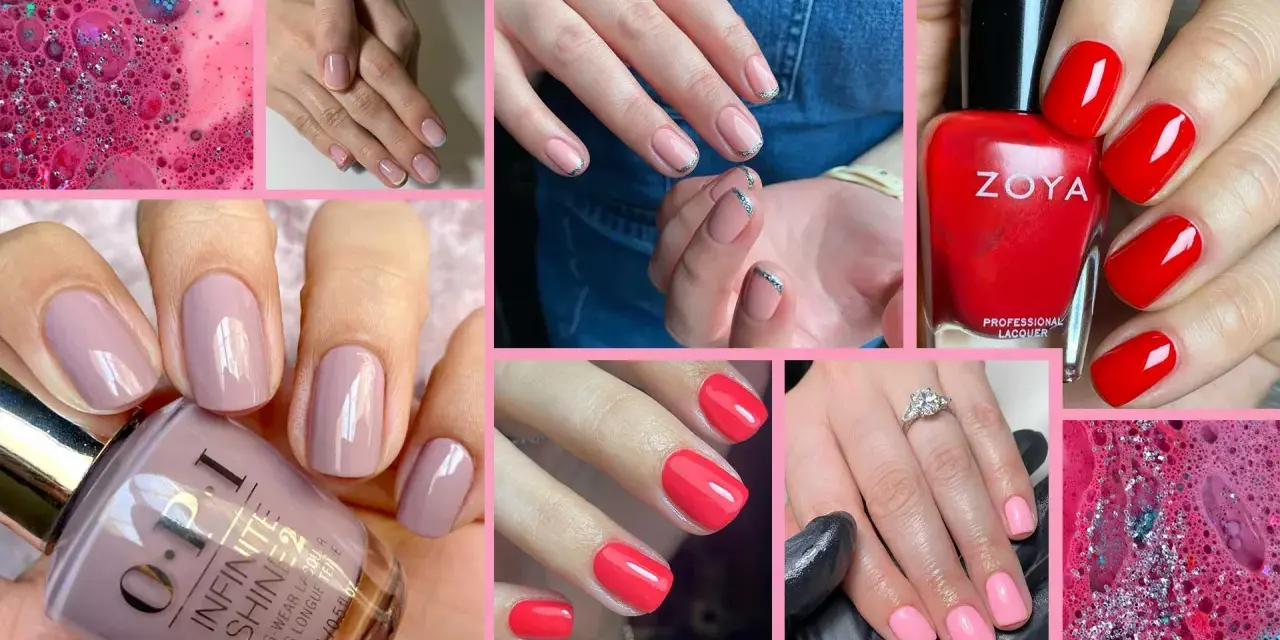 Manicure con unghie squoval in tonalità nude, rosa e rosso vivace. Smalti OPI e Zoya.