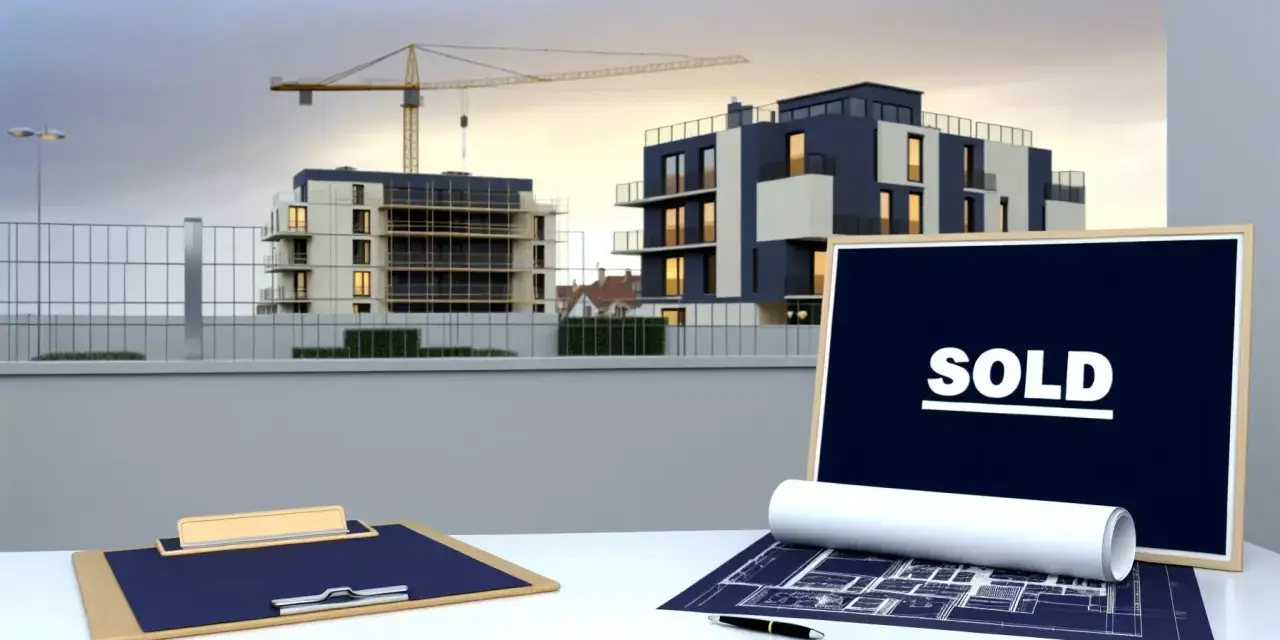 Chantier immobilier avec immeubles modernes, grue et panneau "SOLD". Pas de retard livraison VEFA, tout est vendu !
