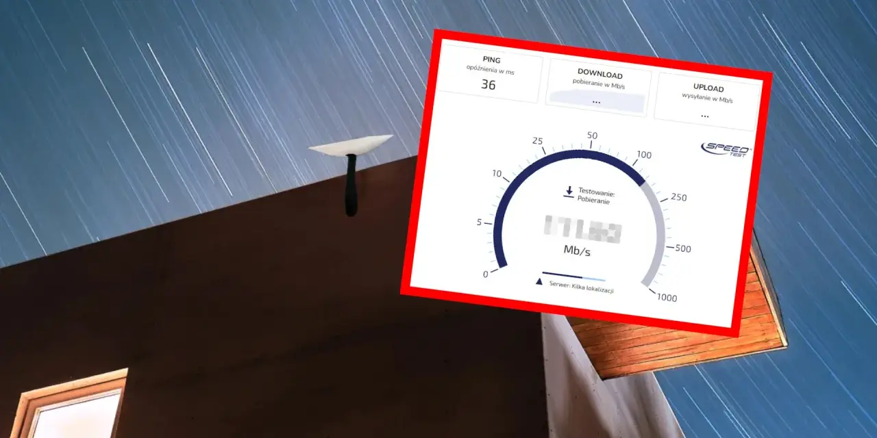 Antena satelitarna Starlink na dachu, obok ekran z testem prędkości internetu pokazującym 171 Mb/s.