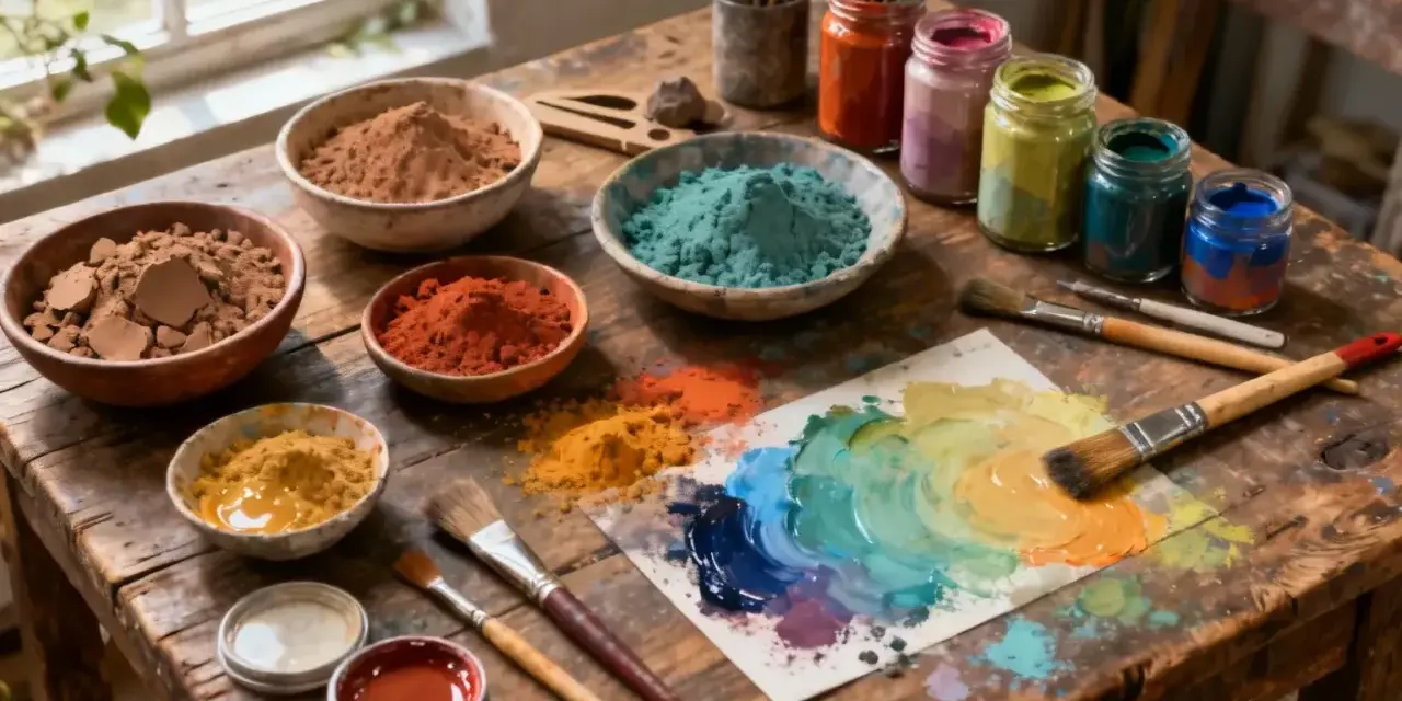 Pots de pigments colorés, pinceaux et palette de couleurs sur une table en bois, prêts pour une peinture fait maison.