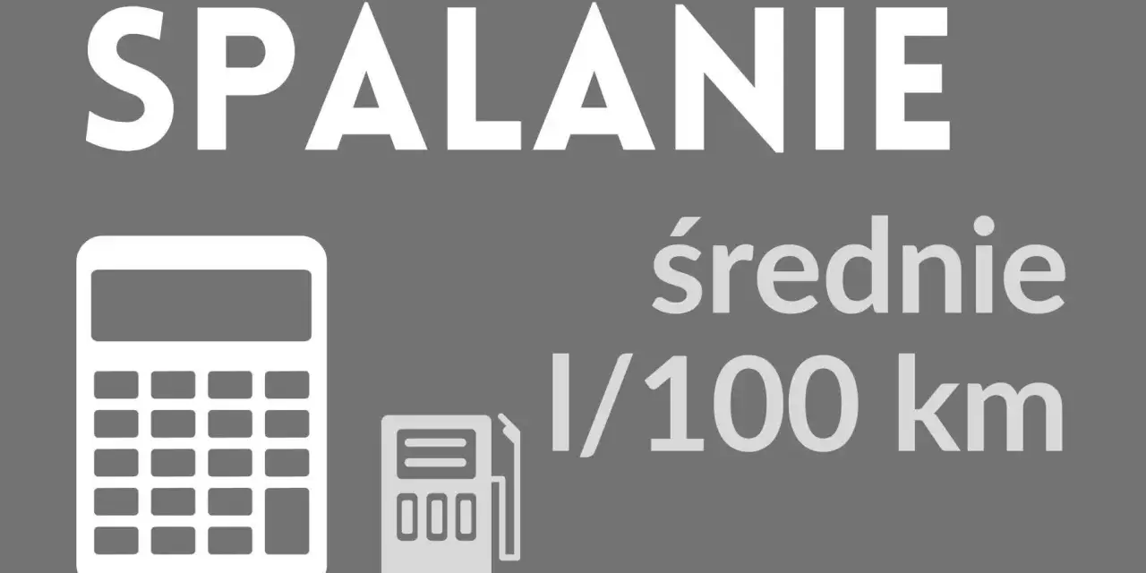 Biały kalkulator i dystrybutor paliwa na szarym tle, z napisem "SPALANIE średnie l/100 km".