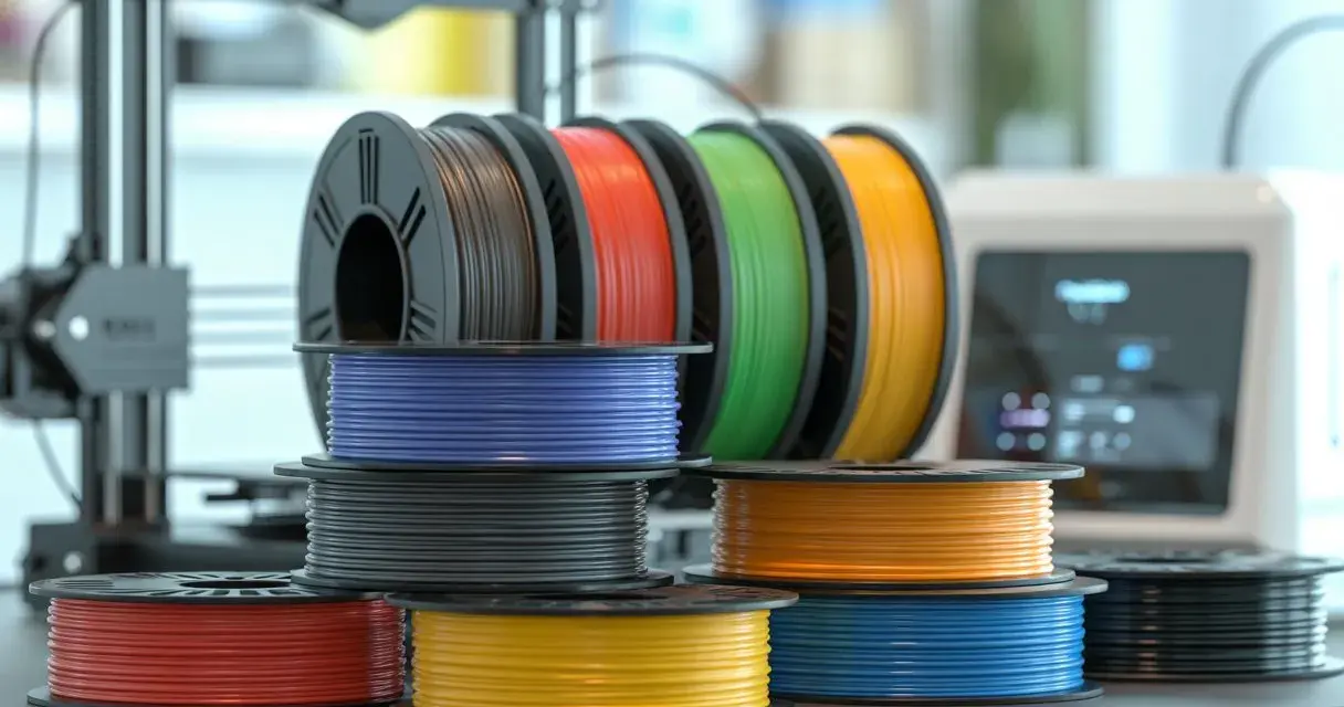 Spools of colorful 3D printer filament, including red, yellow, blue, black, orange, and green, are neatly stacked and arranged. These filaments are essential for creating the strongest 3D prints.