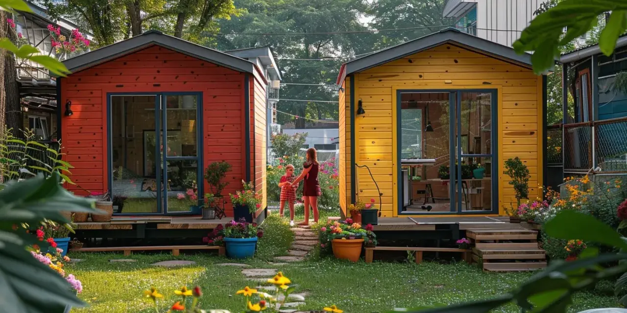 Deux petites maisons colorées, rouge et jaune, dans un jardin fleuri. On peut mettre 2 abris de jardin de 5m2 côte à côte, comme ici.