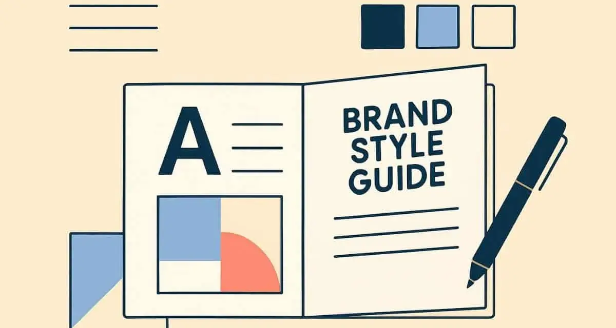 Guía de estilo de marca con la letra "A" y paletas de colores. Las reglas de escritura son claras en este manual.
