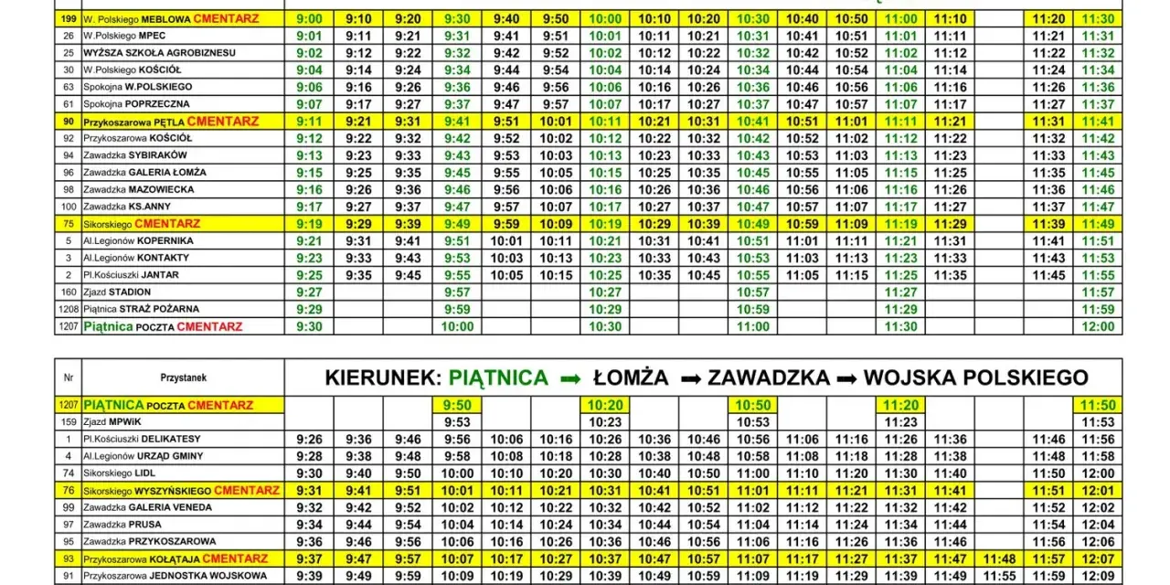 Rozkład jazdy dworca Łomża: linia specjalna MPK Łomża – Centrum – Piątnica oraz Piątnica – Łomża – Zawadzka – Wojsko Polskie.