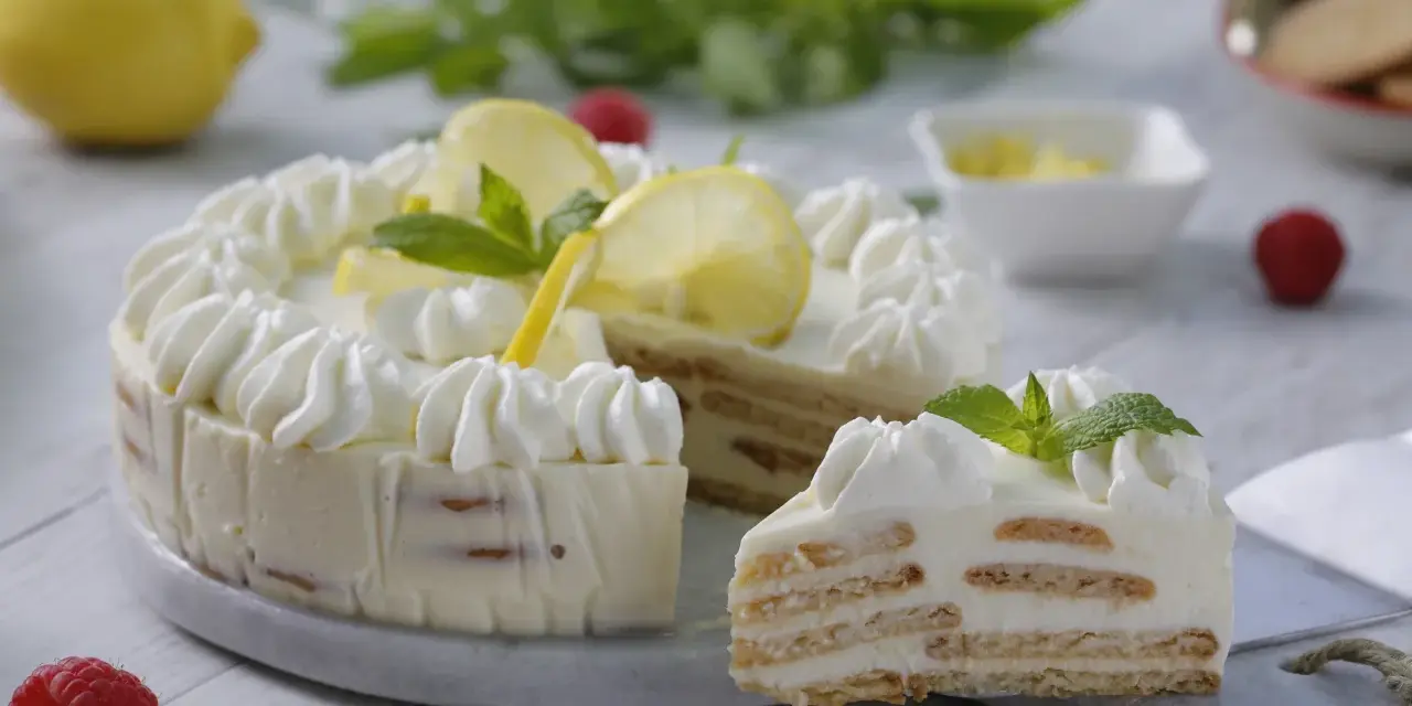 Pastel de limón con crema batida, rodajas de limón y menta.