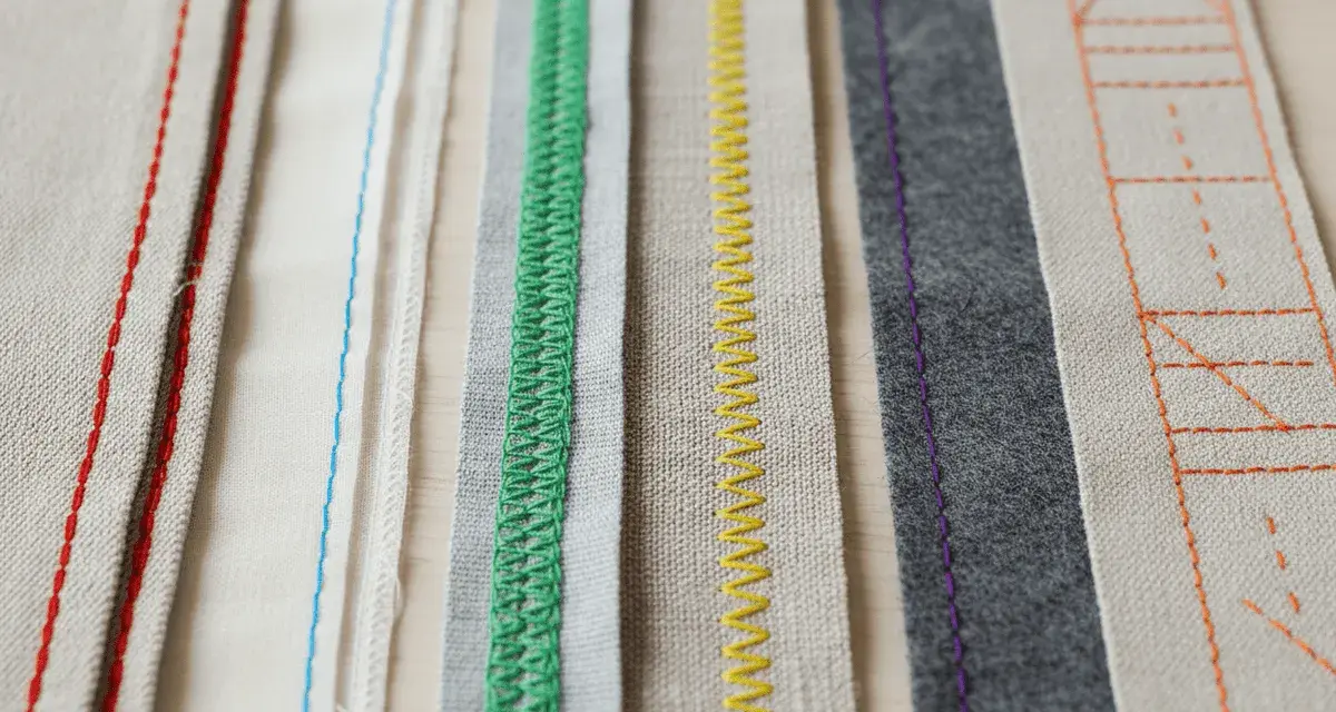 Bandes de tissus aux coutures variées : rouge, bleu, vert, jaune, violet et orange. Un aperçu de techniques de ruban couture.