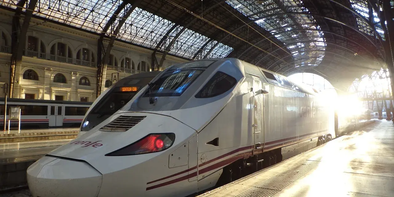 Biały pociąg Renfe, najszybszy pociąg w Europie, stoi na dworcu pod szklanym dachem, oświetlony promieniami słońca.