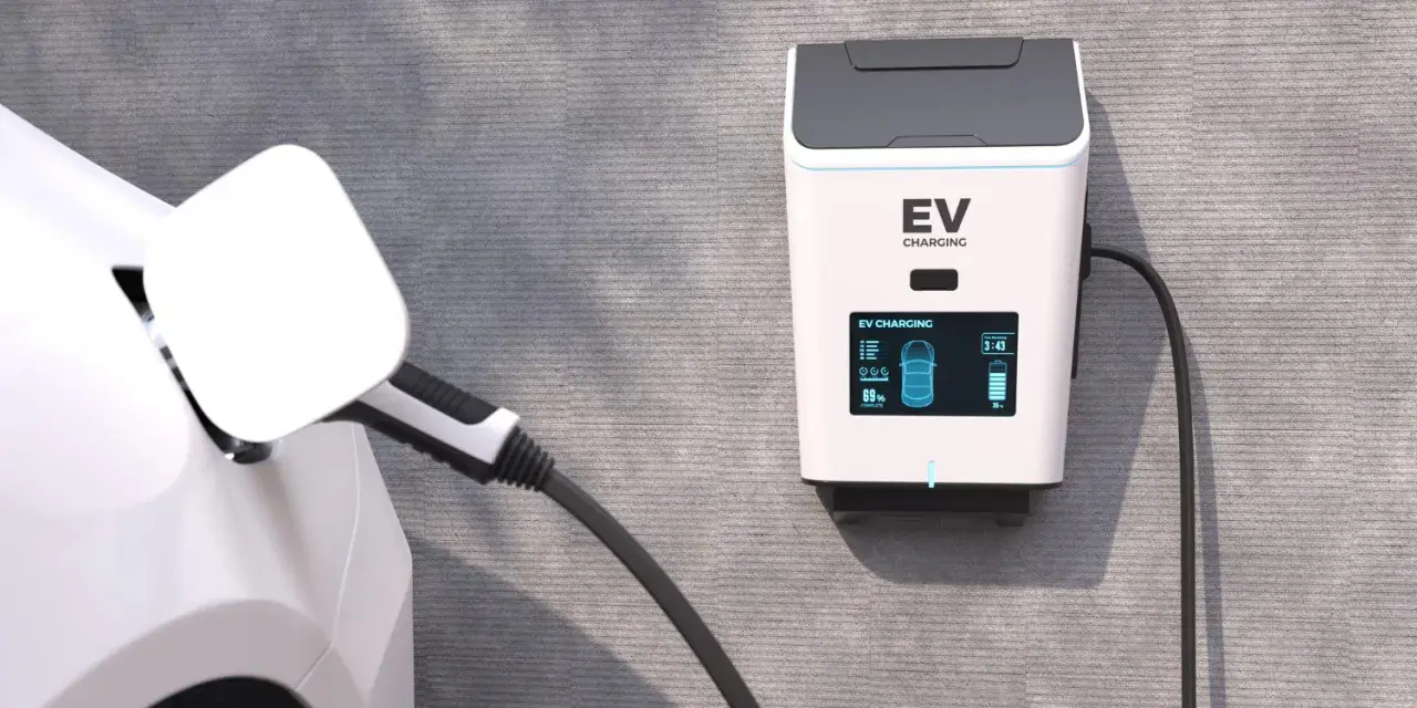Biały samochód elektryczny podłączony do ładowarki EV na ścianie.