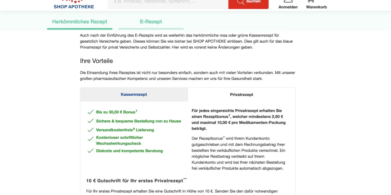 SHOP APOTHEKE Logo, Suchleiste, Warenkorb-Icon und zwei Rezept-Tabs: "Herkömmliches Rezept" und "E-Rezept".