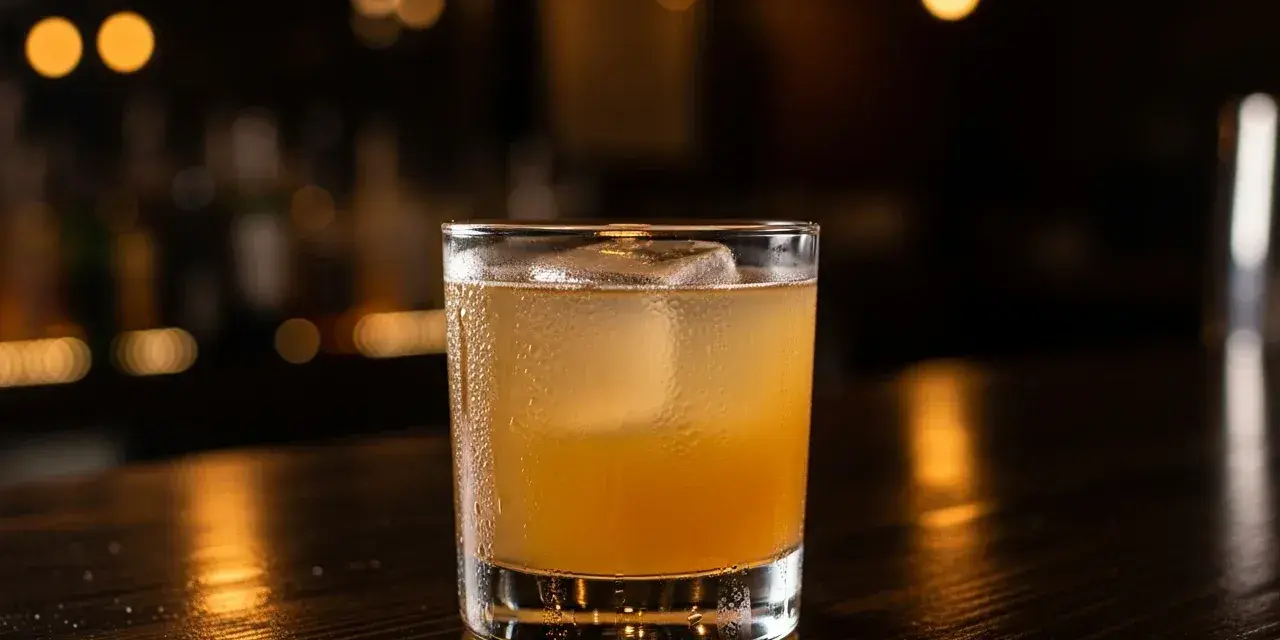 En iskall, gyllene drink med en stor isbit i ett glas på en mörk träyta. En perfekt spicy margarita för en kväll ute.