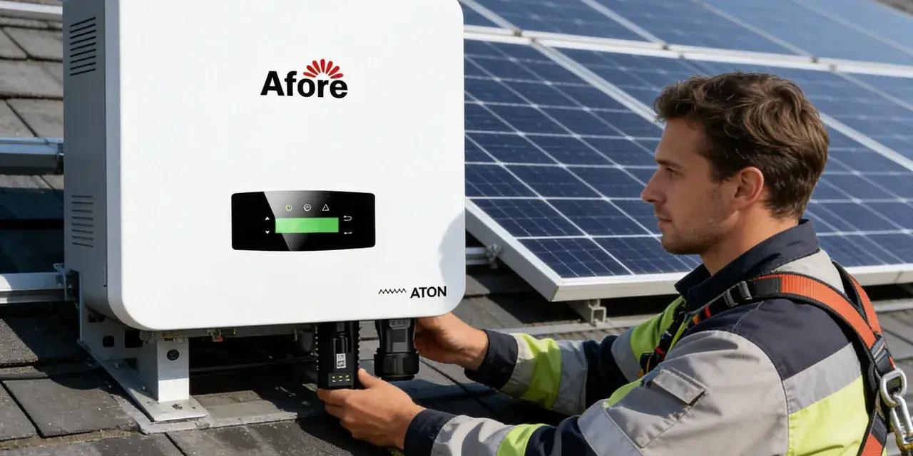 Instalator podłącza falownik 40kW do paneli słonecznych na dachu.