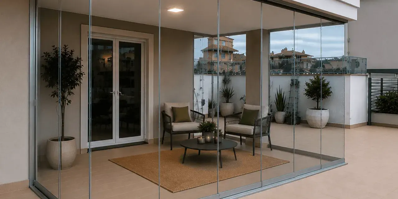 Terrazza moderna con vetrate Vepa scorrevoli, arredata con due poltrone, tavolino e tappeto. Piante in vaso e vista sui tetti.