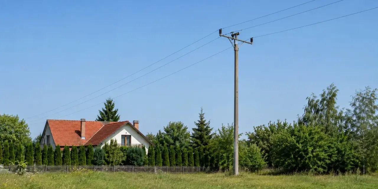 Słup na działce, obok domu z czerwoną dachówką i żywopłotem. W tle zielone drzewa i błękitne niebo.