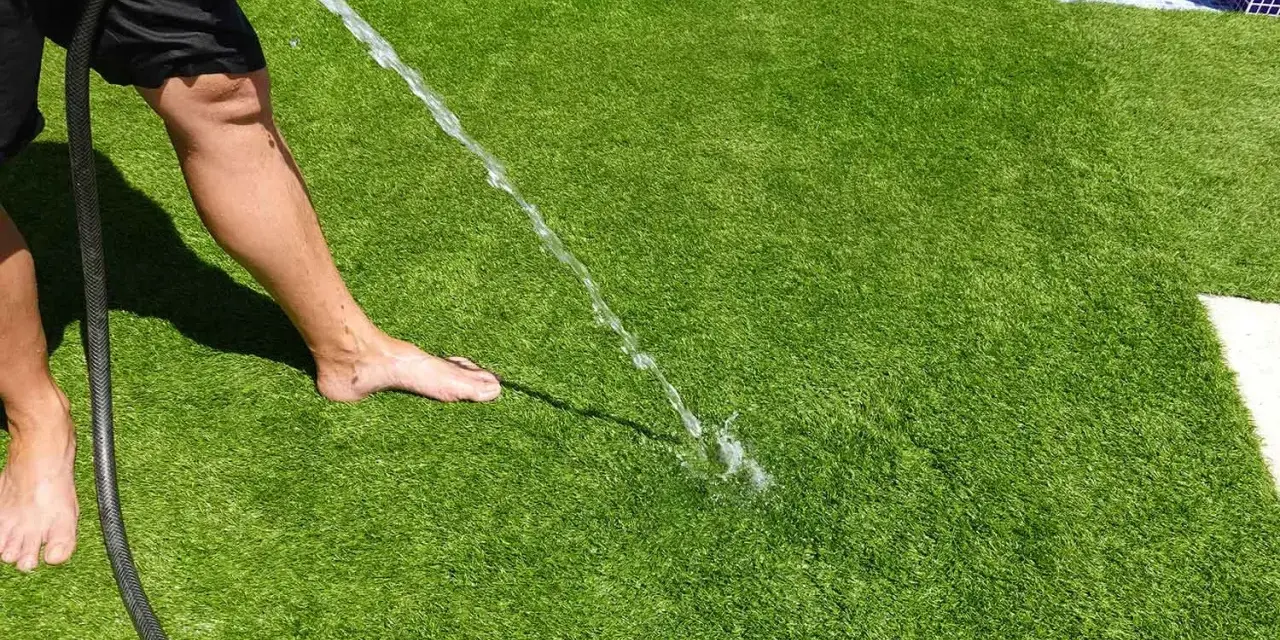 Persona sin zapatos rocía césped artificial con una manguera. Aprende cómo limpiar césped artificial para mantenerlo fresco y verde.