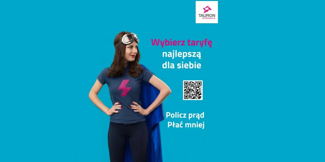 Superbohaterka z błyskawicą na koszulce zachęca do wyboru taryfy, by płacić mniej za prąd. Tani prąd dla każdego!
