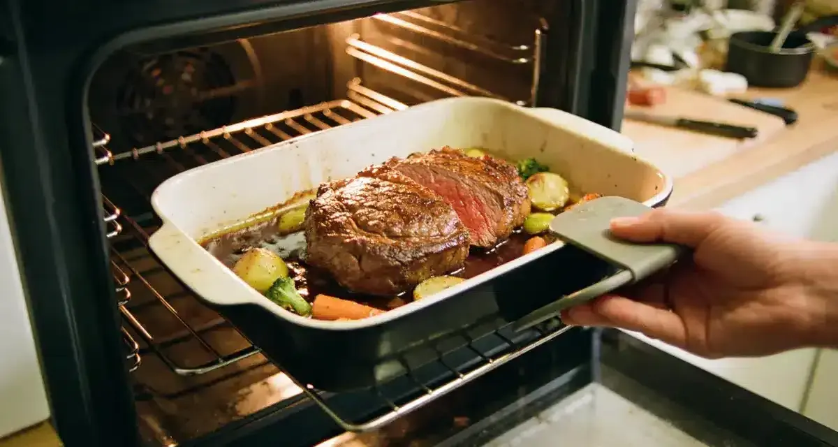 Un rosbeef juteux et ses légumes rôtissent dans un plat au four. La cuisson rosbeef est presque terminée, prêt à être dégusté.