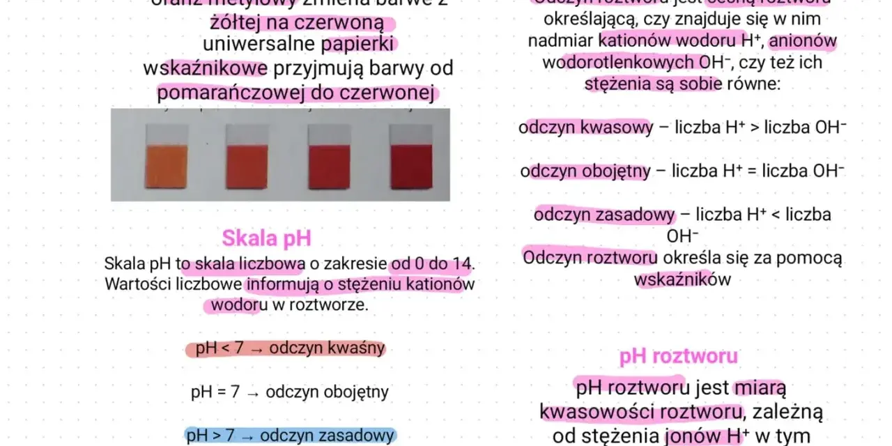 Paski papierka uniwersalnego zmieniają barwę od pomarańczowej do czerwonej, wskazując na obecność kwasów i ich stężenie. pH roztworu mierzy kwasowość.