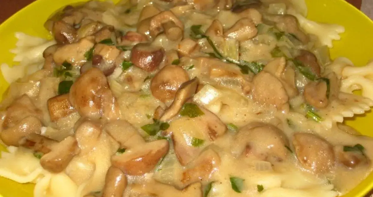 Makaron farfalle z kremowym sosem z maślaków i posiekaną natką pietruszki na żółtym talerzu.