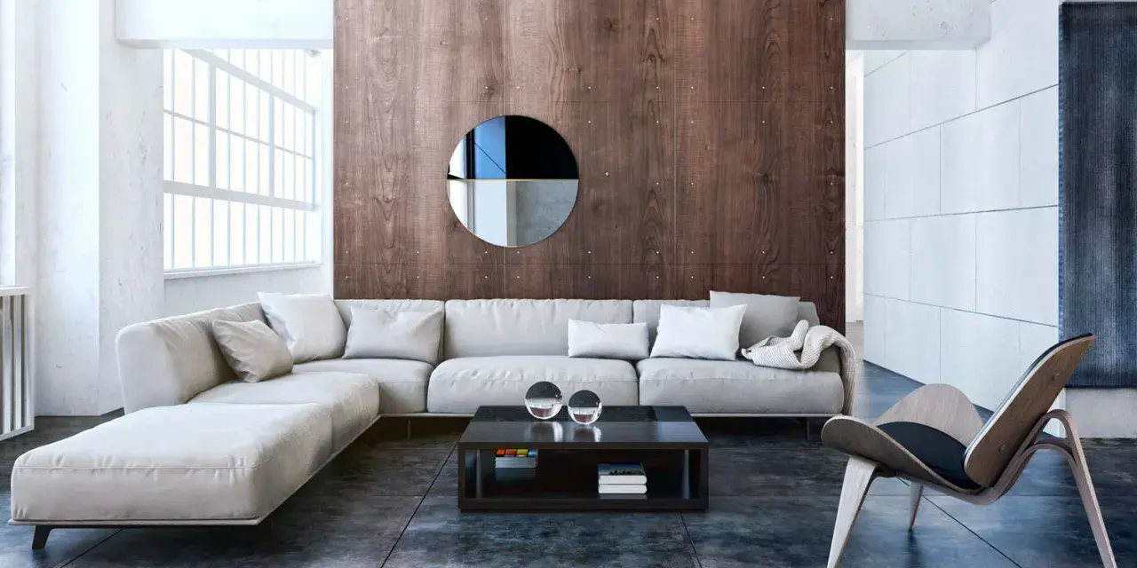 Nowoczesny salon w stylu bauhaus z szarą sofą, drewnianą ścianą i designerskim fotelem.