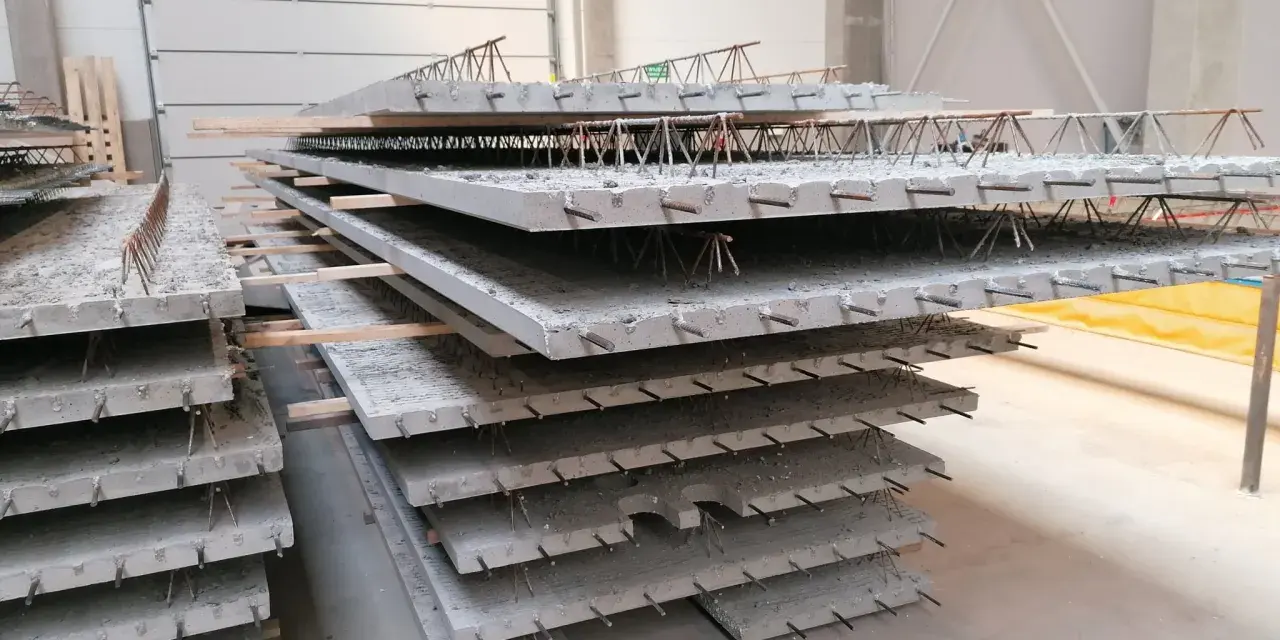 Strop filigran ułożony w magazynie, gotowy do montażu. Betonowe płyty zbrojone stalowymi prętami.