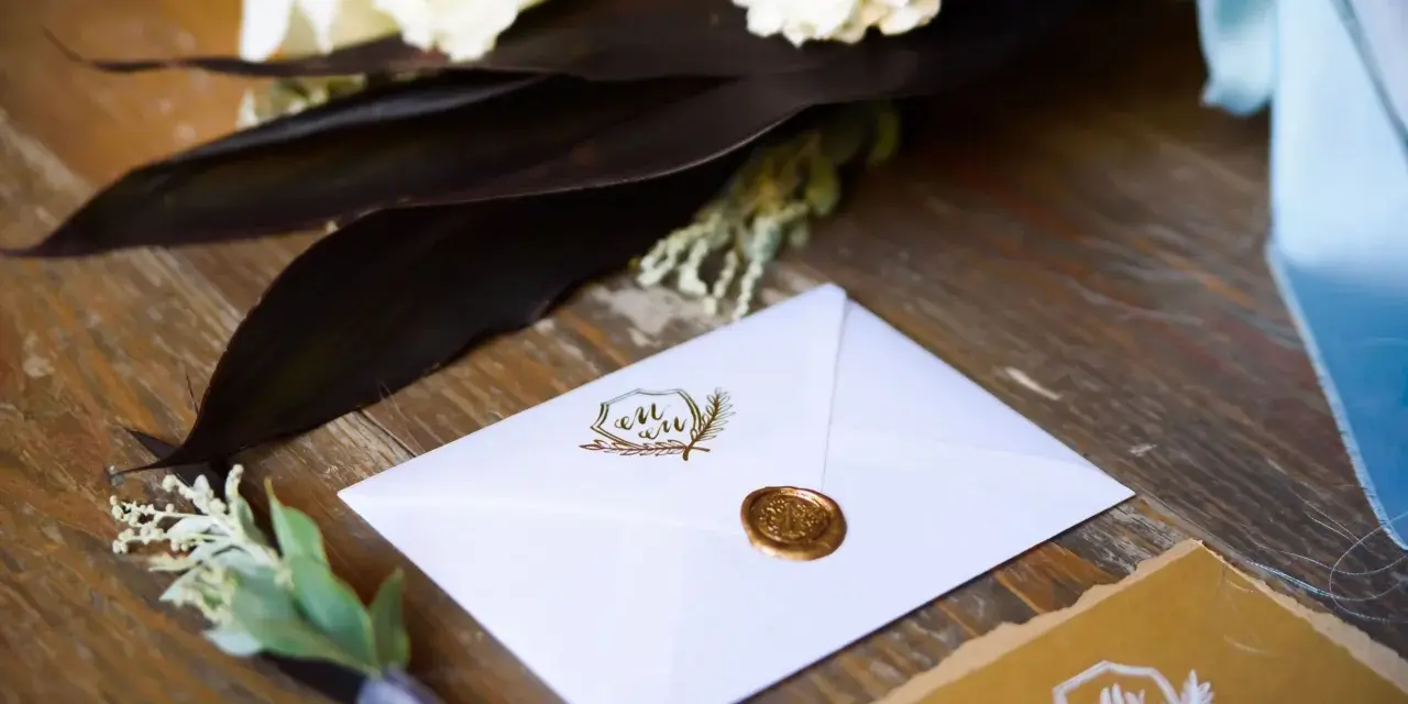 Biała koperta z pieczęcią i monogramem, bukiet kwiatów i butonierka. Inspirujące cytaty na ślub.