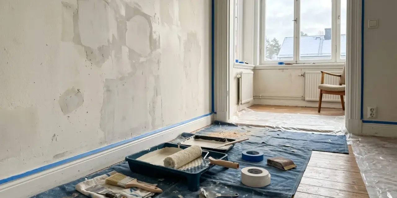 Verktyg för att blanda spackel med vatten ligger utspridda på en blå duk. Väggen är förberedd för målning med spacklade fläckar.